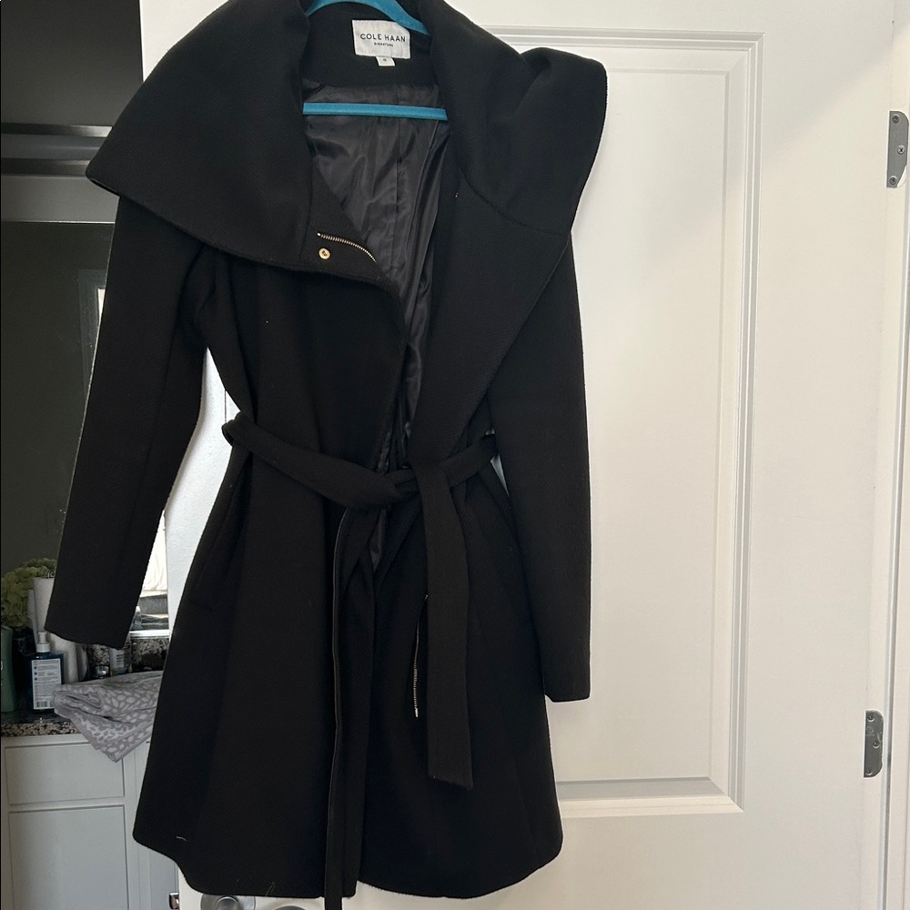 Cole Haan Black Belted Trench Coat with Oversized Collar